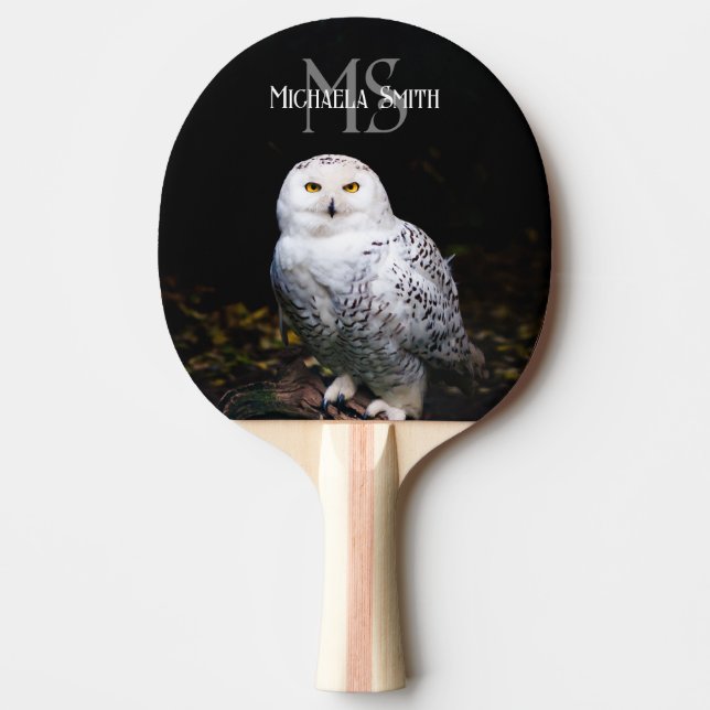 Majestic winter snowy owl monogram custom name ping pong paddle (Front)