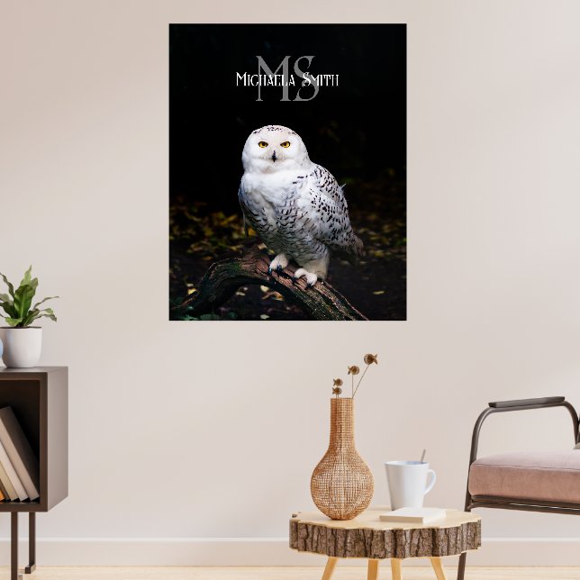Majestic winter snowy owl monogram custom name poster (Living Room 3)