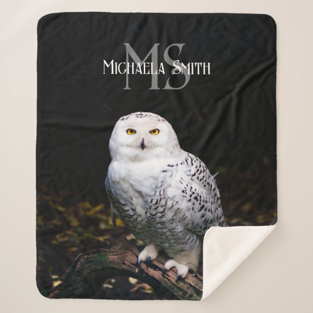 Majestic winter snowy owl monogram custom name sherpa blanket (Front)