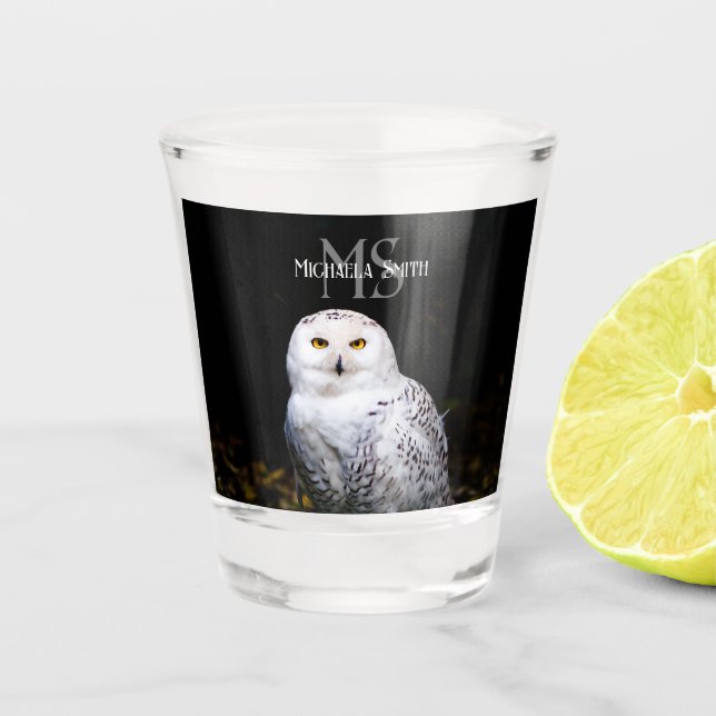 Majestic winter snowy owl monogram custom name shot glass (Front)