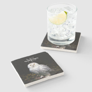 Majestic winter snowy owl monogram custom name stone coaster