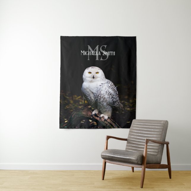 Majestic winter snowy owl monogram custom name tapestry (In Situ)