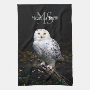 Majestic winter snowy owl monogram custom name tea towel