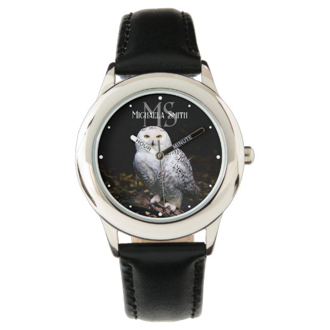 Majestic winter snowy owl monogram custom name watch (Front)