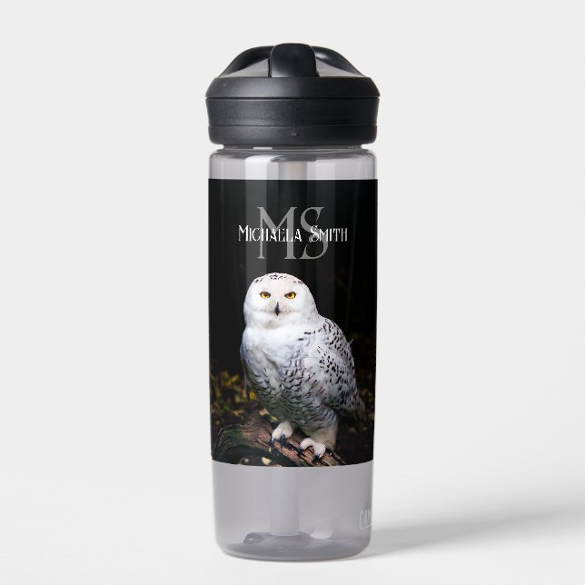 Majestic winter snowy owl monogram custom name water bottle (Front)