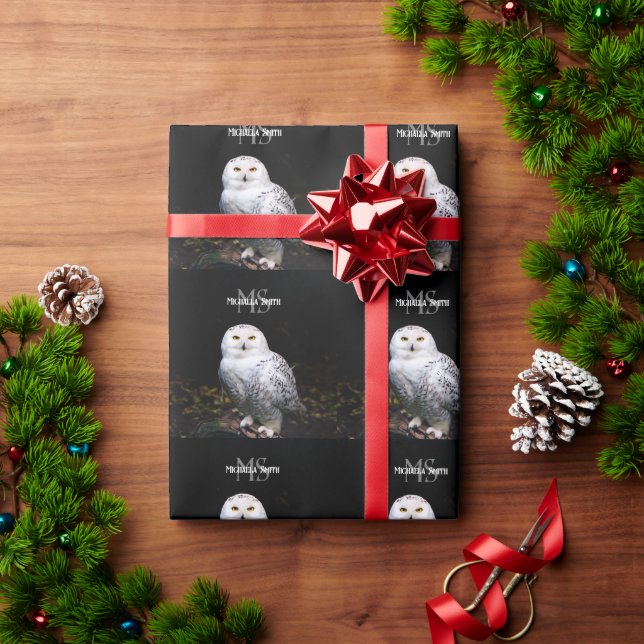 Majestic winter snowy owl monogram custom name wrapping paper (Holiday Gift)