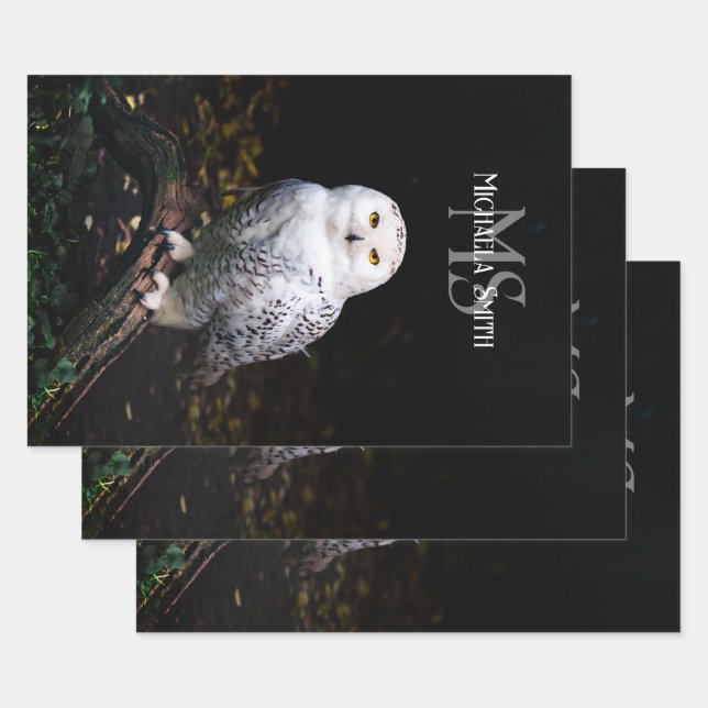 Majestic winter snowy owl monogram custom name wrapping paper sheet (Set)