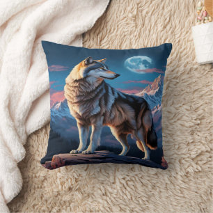 Majestic Wolf Against Moonlit Peaks. Cushion