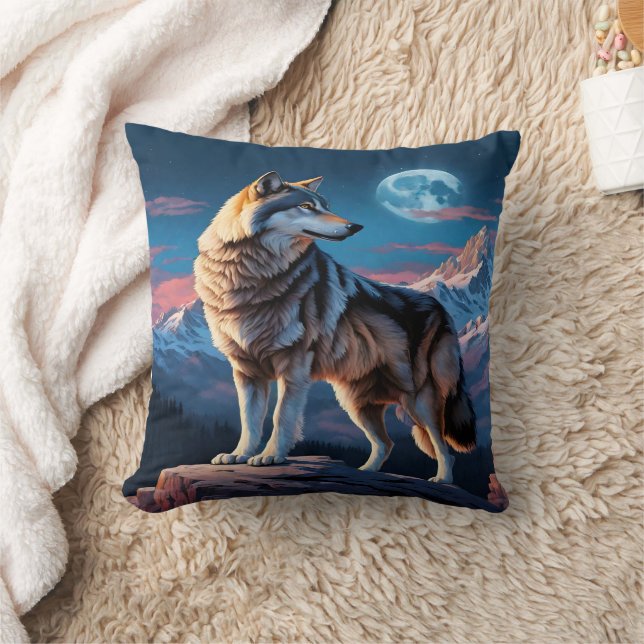 Majestic Wolf Against Moonlit Peaks.  Cushion (Blanket)