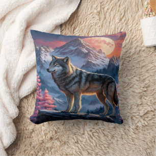 Majestic Wolf Against Moonlit Peaks. Cushion
