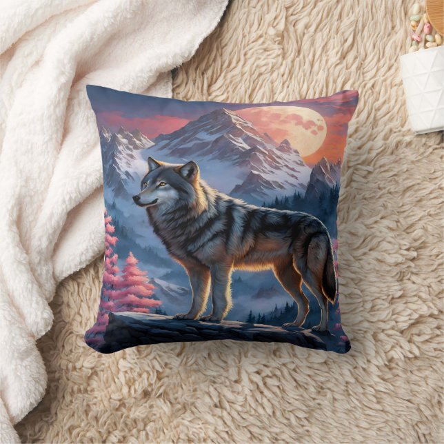 Majestic Wolf Against Moonlit Peaks. Cushion (Blanket)
