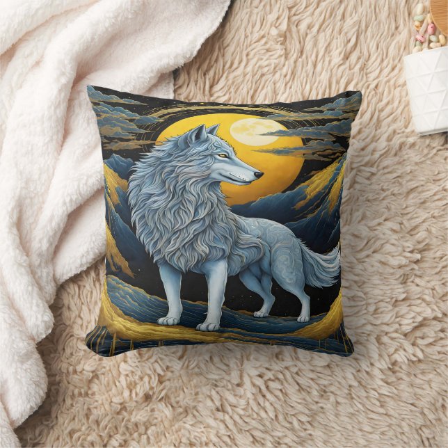 Majestic Wolf Beneath Moonlit Mountains Cushion (Blanket)