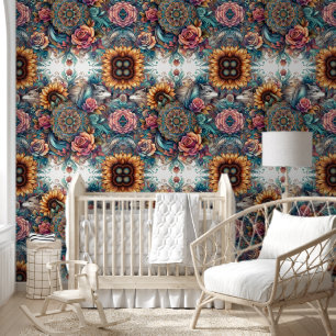 Majestic Wolf & Boho Sunflowers Wallpaper