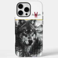 Majestic wolf gazes over moonlit forest landscape
