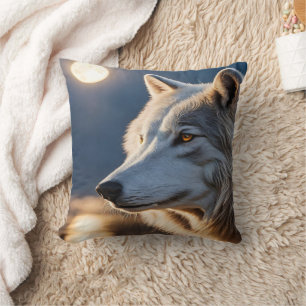 Majestic Wolf Gazing at Full Moon Reflection Cushion