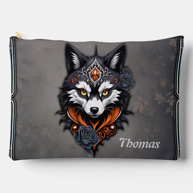 Majestic wolf head, finished in a deep, accessory pouch (Front)