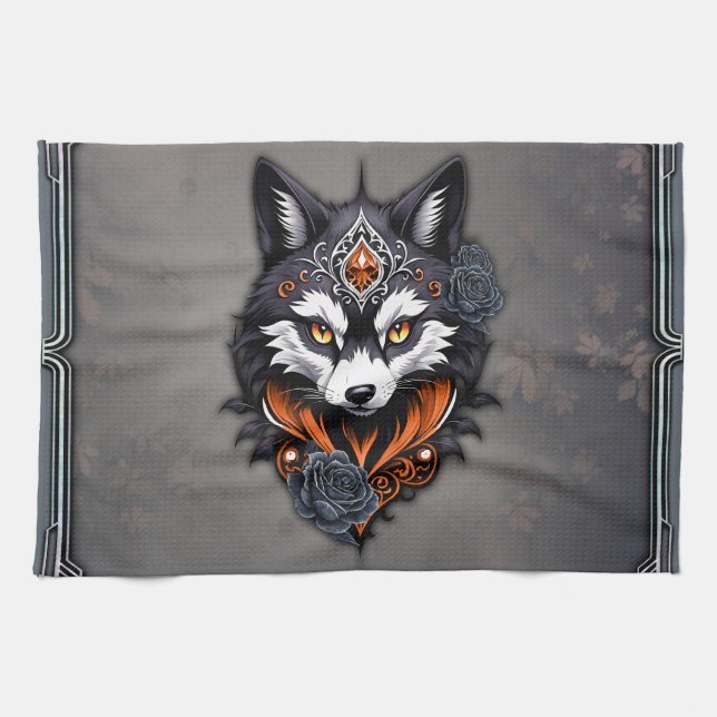 Majestic wolf head, finished in a deep, tea towel (Horizontal)