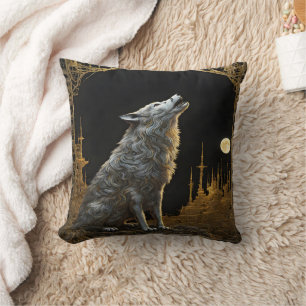 Majestic Wolf Howling at a Distant Moonlit City Cushion