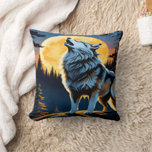Majestic Wolf Howling at Moon. Cushion