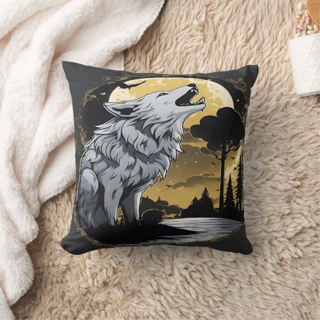 Majestic Wolf Howling at Moonlight. Cushion (Blanket)