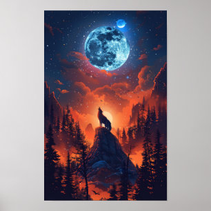 Majestic Wolf Howling at the Moon Poster