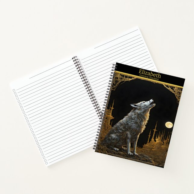 Majestic wolf howling beneath a luminous full moon notebook (Inside)