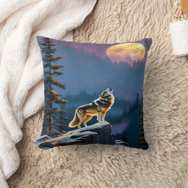 Majestic Wolf Howling Beneath Full Moonlit Sky Cushion (Blanket)