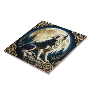 Majestic Wolf Howling Under a Full Moon at Night Ceramic Tile