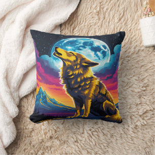 Majestic Wolf Howling Under a Full Moon Cushion