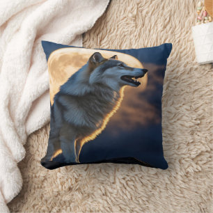Majestic Wolf Howling Under a Full Moon Cushion