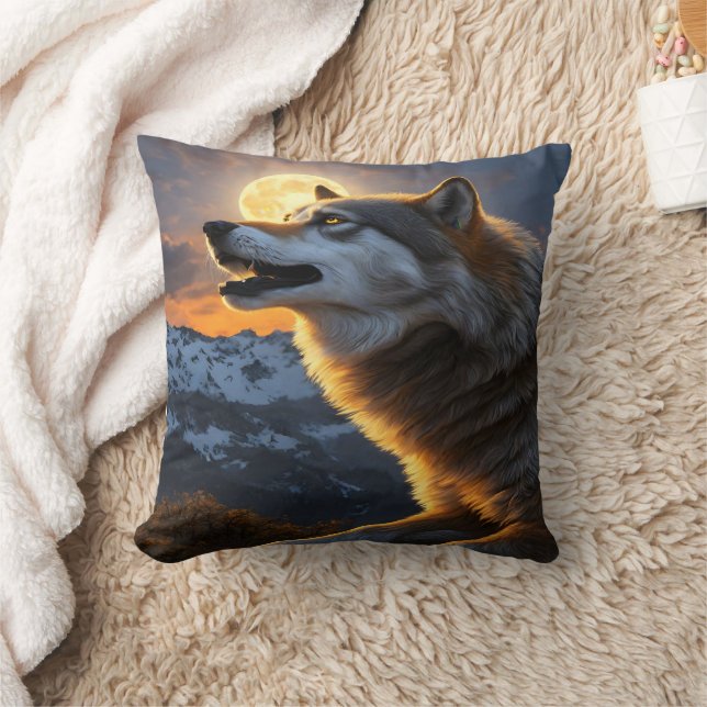Majestic Wolf Howling Under Full Moon at Dusk Cushion (Blanket)