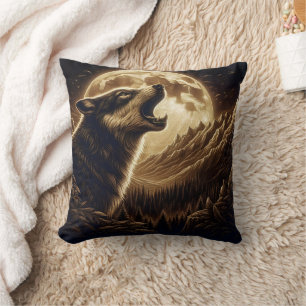 Majestic Wolf Howling Under Full Moon Glow Cushion