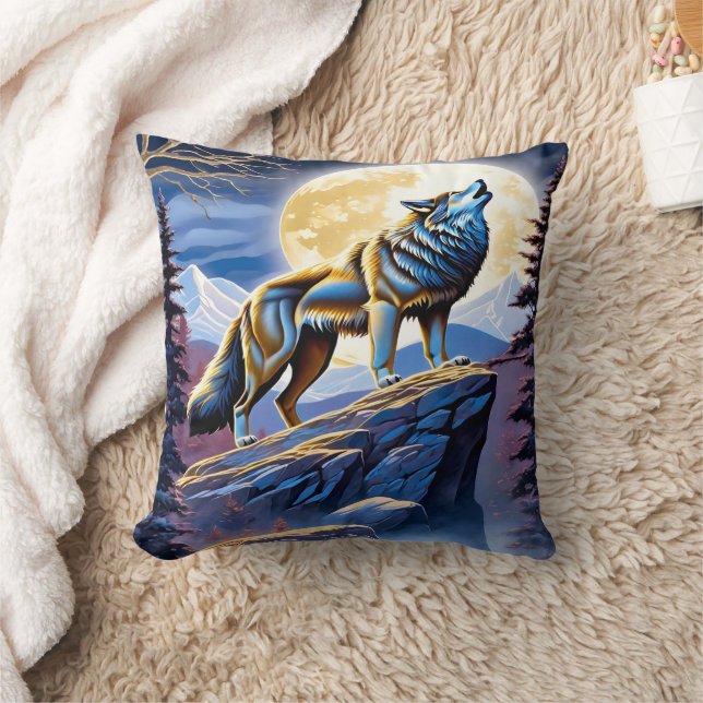 Majestic Wolf Howling Under Full Moonlight Cushion (Blanket)