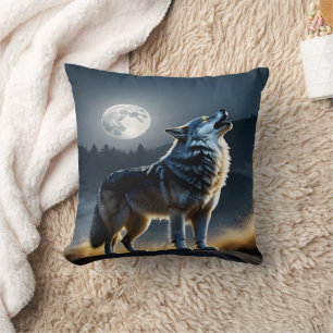 Majestic Wolf Howling Under Full Moonlight Cushion