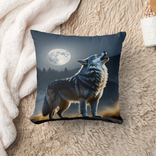 Majestic Wolf Howling Under Full Moonlight Cushion (Blanket)