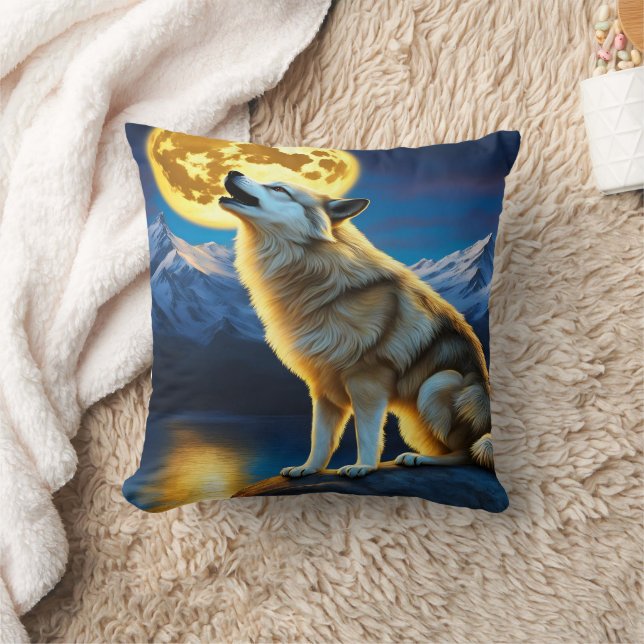 Majestic Wolf Howling Under Full Moonlight Cushion (Blanket)