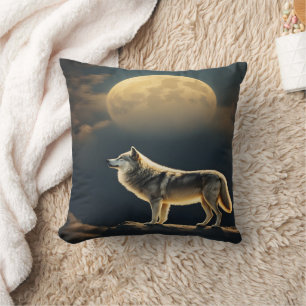 Majestic Wolf Howling Under Full Moonlit Sky Cushion