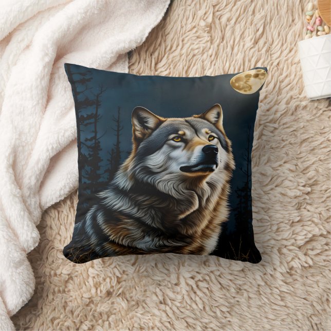 Majestic Wolf Howling Under Moonlit Sky Cushion (Blanket)