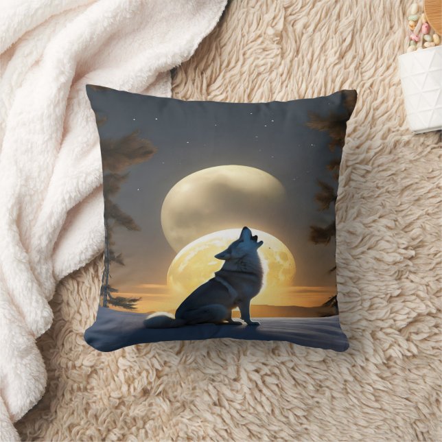 Majestic Wolf Howling Under Twin Moons at Dusk Cushion (Blanket)