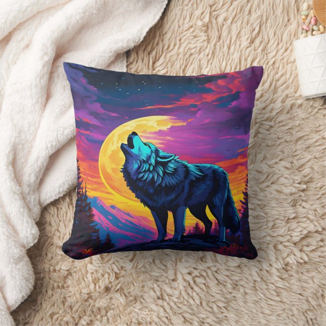 Majestic Wolf Howling Under Vibrant Moonlight Cushion (Blanket)