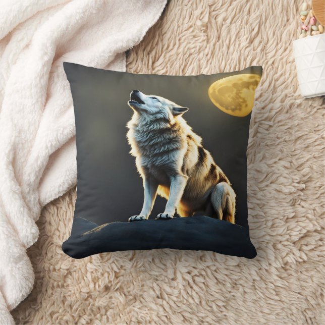 Majestic Wolf Howls Beneath Full Moon Cushion (Blanket)