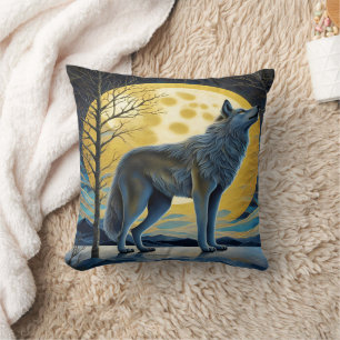 Majestic Wolf Howls Under Full Moon at Night Cushion