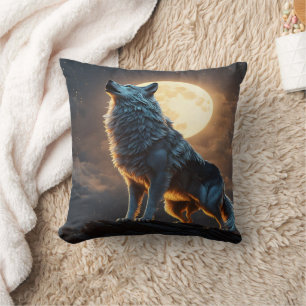 Majestic Wolf Howls Under Full Moonlit Sky Cushion