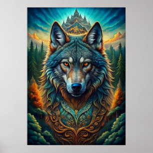 Majestic Wolf in Mystical Forest Poster