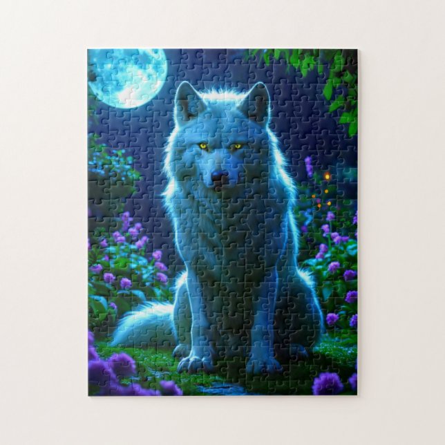 Majestic Wolf in Mystical Moonlit Garden Jigsaw Puzzle (Vertical)