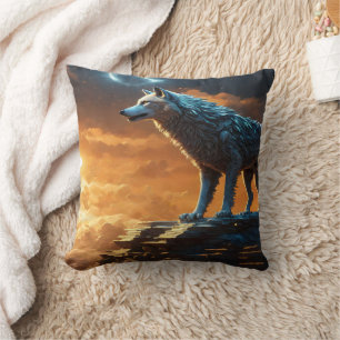 Majestic Wolf on Rocky Cliff at Dusk Cushion