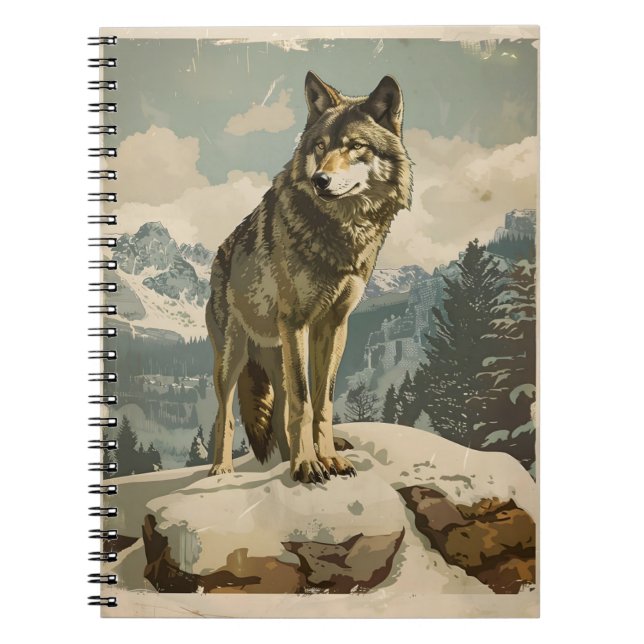 Majestic Wolf on Snowy Rock Notebook (Front)