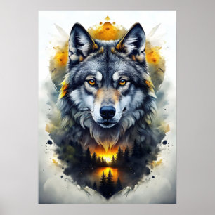 Majestic Wolf Portrait in Abstract Art Poster