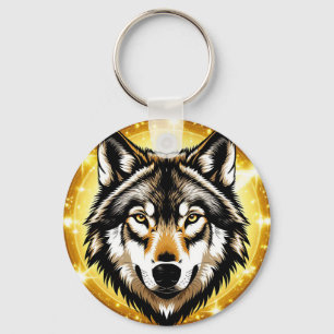 Majestic Wolf Portrait with Golden Background Key Ring