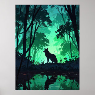 Majestic Wolf Silhouette in Mystical Green Forest  Poster